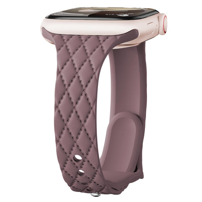 Dark Taupe Quilted Apple Watch Band on Rose Gold Apple Watch, Side View




