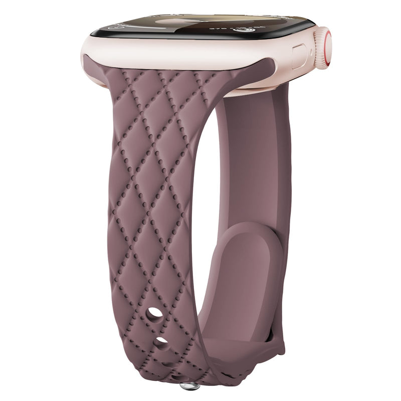 Dark Taupe Quilted Apple Watch Band on Rose Gold Apple Watch, Side View




