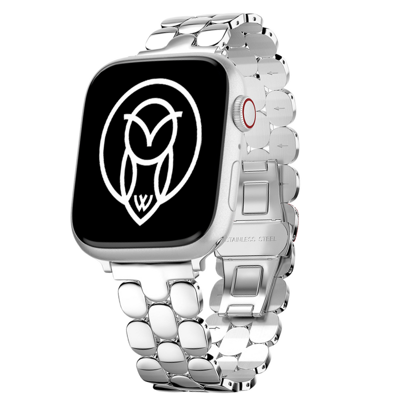 Silver stainless steel Apple Watch band displayed upright with a black watch face.