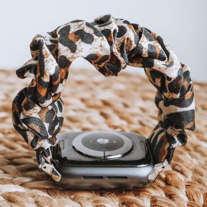 Sofie Scrunchie Band | animal print, apple, Apple Watch accessories, apple watch bands, apple watch bands cheap, apple watch bands clearance, apple watch bands for women, apple watch bands sale, Apple Watch gadgets, Apple Watch gear, Apple Watch Straps, cheetah, fabric, houndstooth, leopard print, scrunchie, series 7, series 8, series 9, silver, snake print, watch bands for Apple Watch, watch straps for Apple Watch, women, zebra print | WizeBand